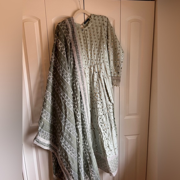 Salwar Kameez Other - Pakistani designer Sage Green Mirror Work Anarkali with Dupatta Size M
